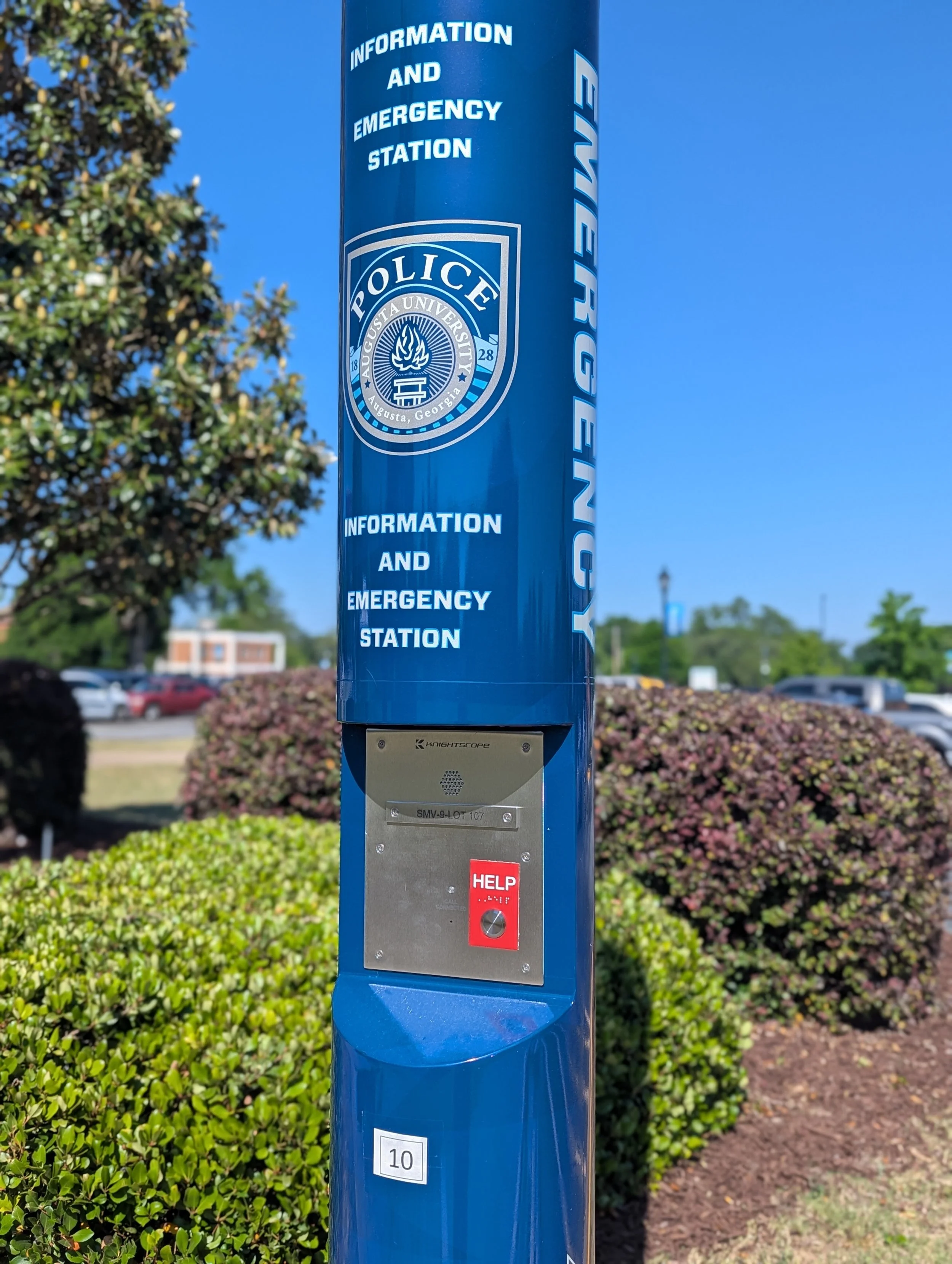 Blue emergency phones are placed throughout both AU campuses and provide direct contact to AU police. (photo by CM Wahl)